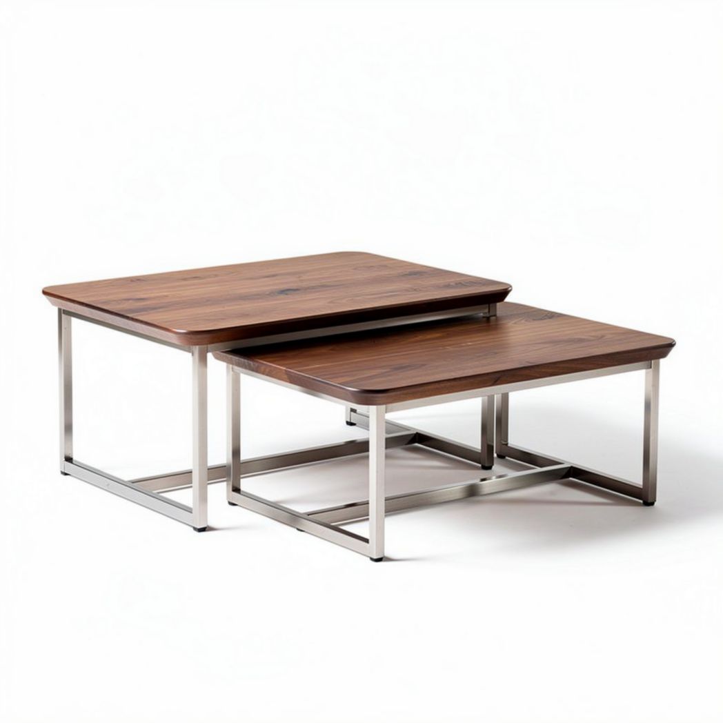Wooden nesting coffee tables set with black metal legs natural finish