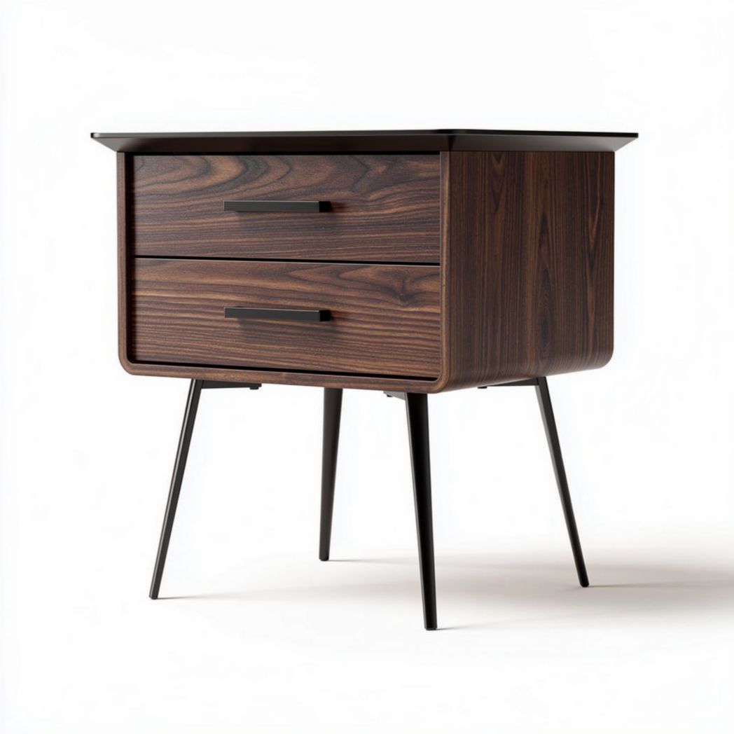 Wooden nightstand with two drawers and metal legs in dark walnut finish 60 x 40 x 50cm