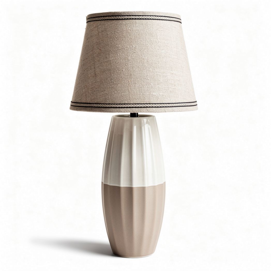 Ceramic table lamp with linen shade in beige and white 30 x 30 x 50cm