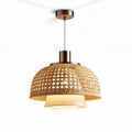 Rattan pendant light fixture with frosted glass shade 30 x 30 x 25cm