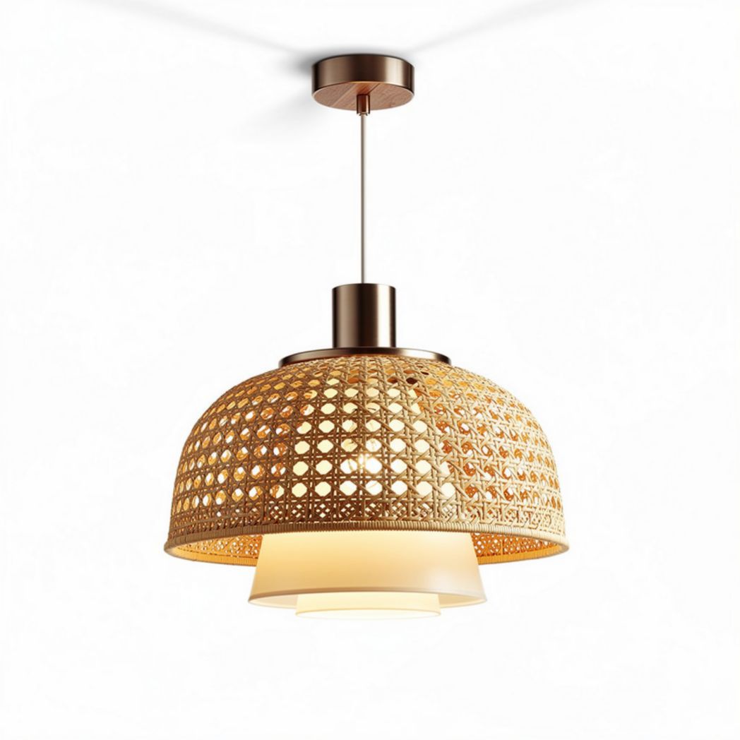 Rattan pendant light fixture with frosted glass shade 30 x 30 x 25cm