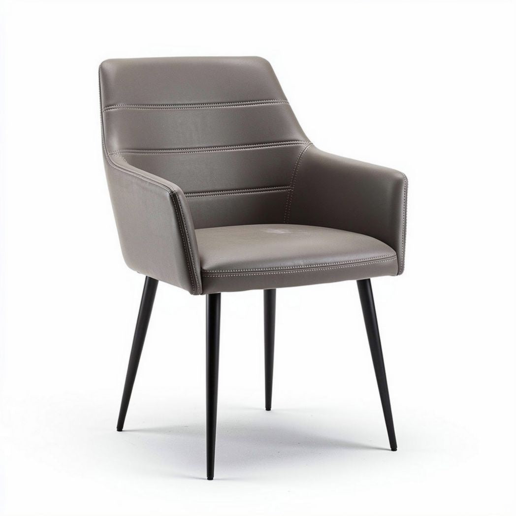 Leather dining chair with armrests and black metal legs in grey color 50 x 55 x 85cm