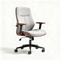 Wooden office chair with white faux leather upholstery and adjustable height