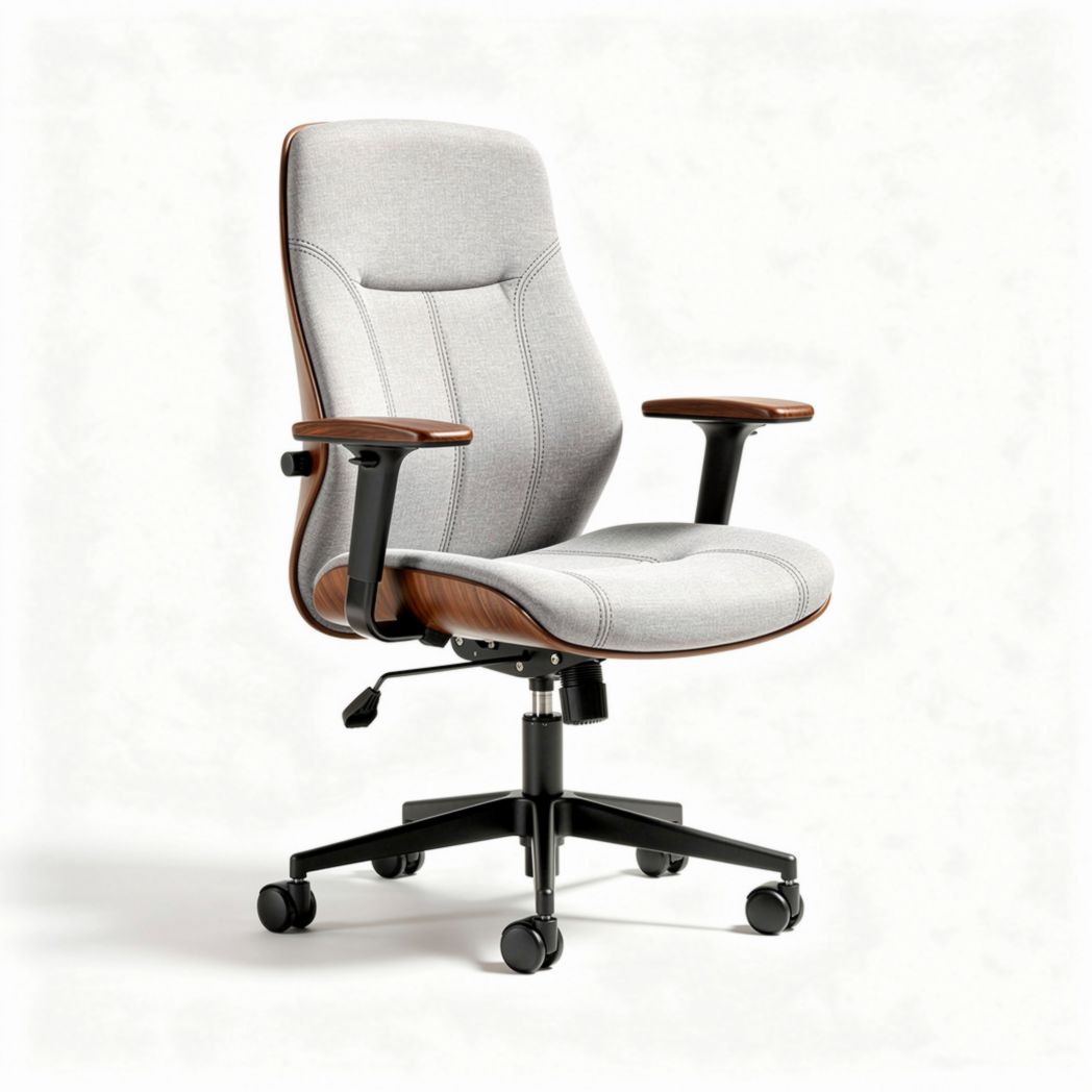 Wooden office chair with white faux leather upholstery and adjustable height
