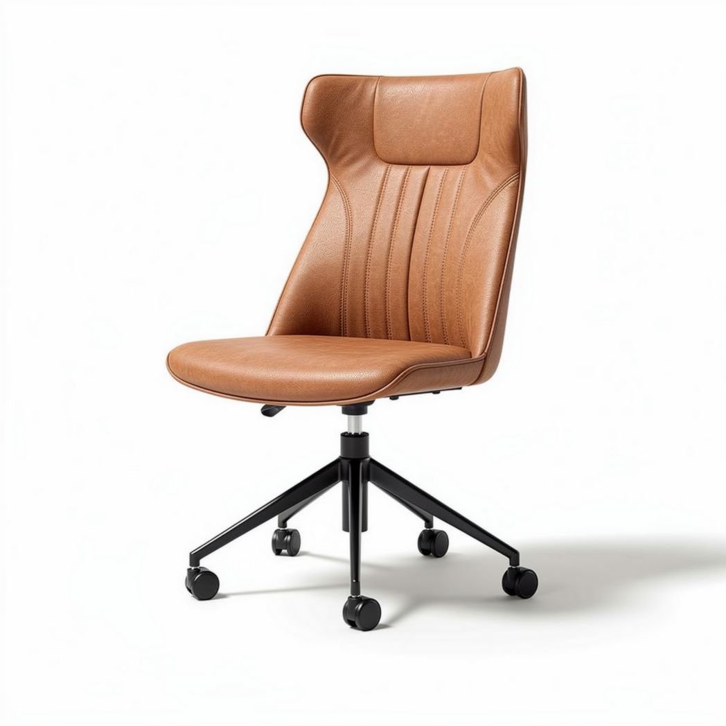 Brown leather office chair with ergonomic design and adjustable height