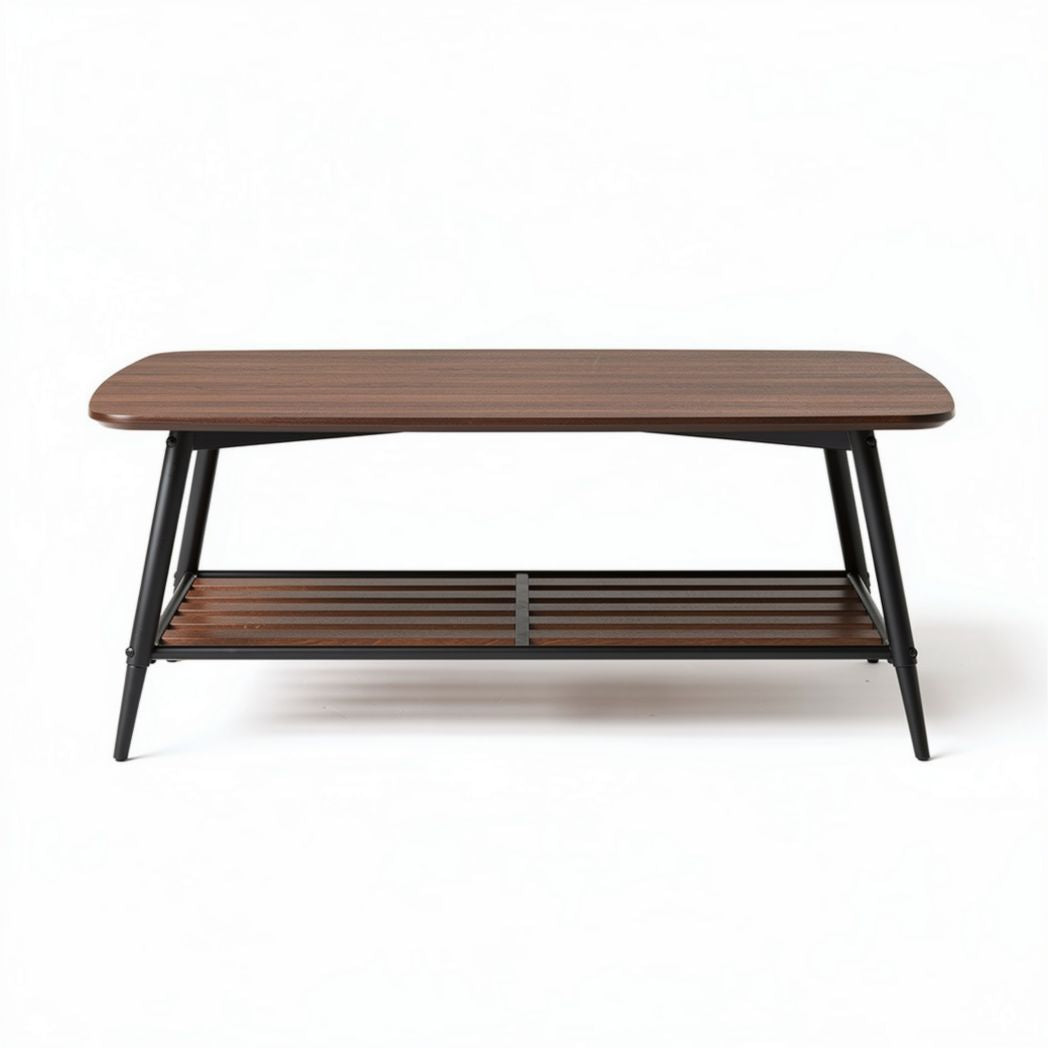 Wooden coffee table with metal legs and lower storage shelf 120 x 60 x 45cm