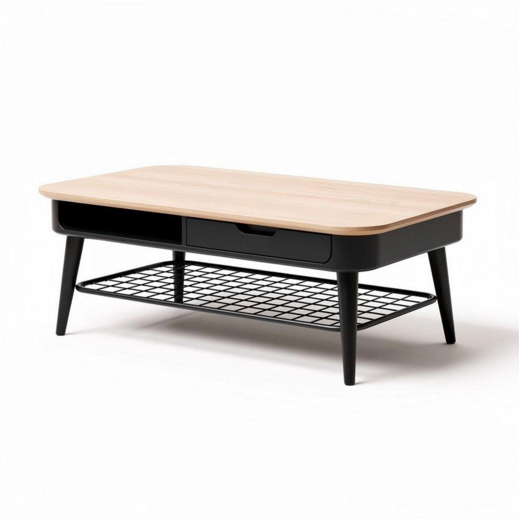 Wooden coffee table with black metal frame and storage drawer 100 x 60 x 40cm